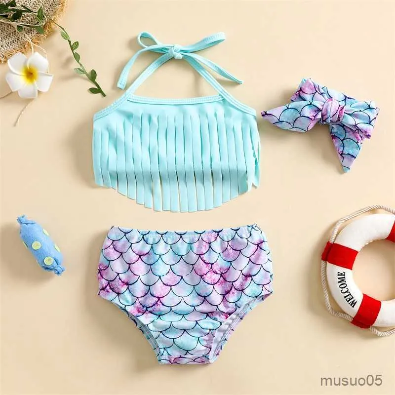 Two Pieces Baby Girls Swimsuits Halter Tassel Tops Bikini Bottom Headband Swimwear Set Infant Girls Bikini New