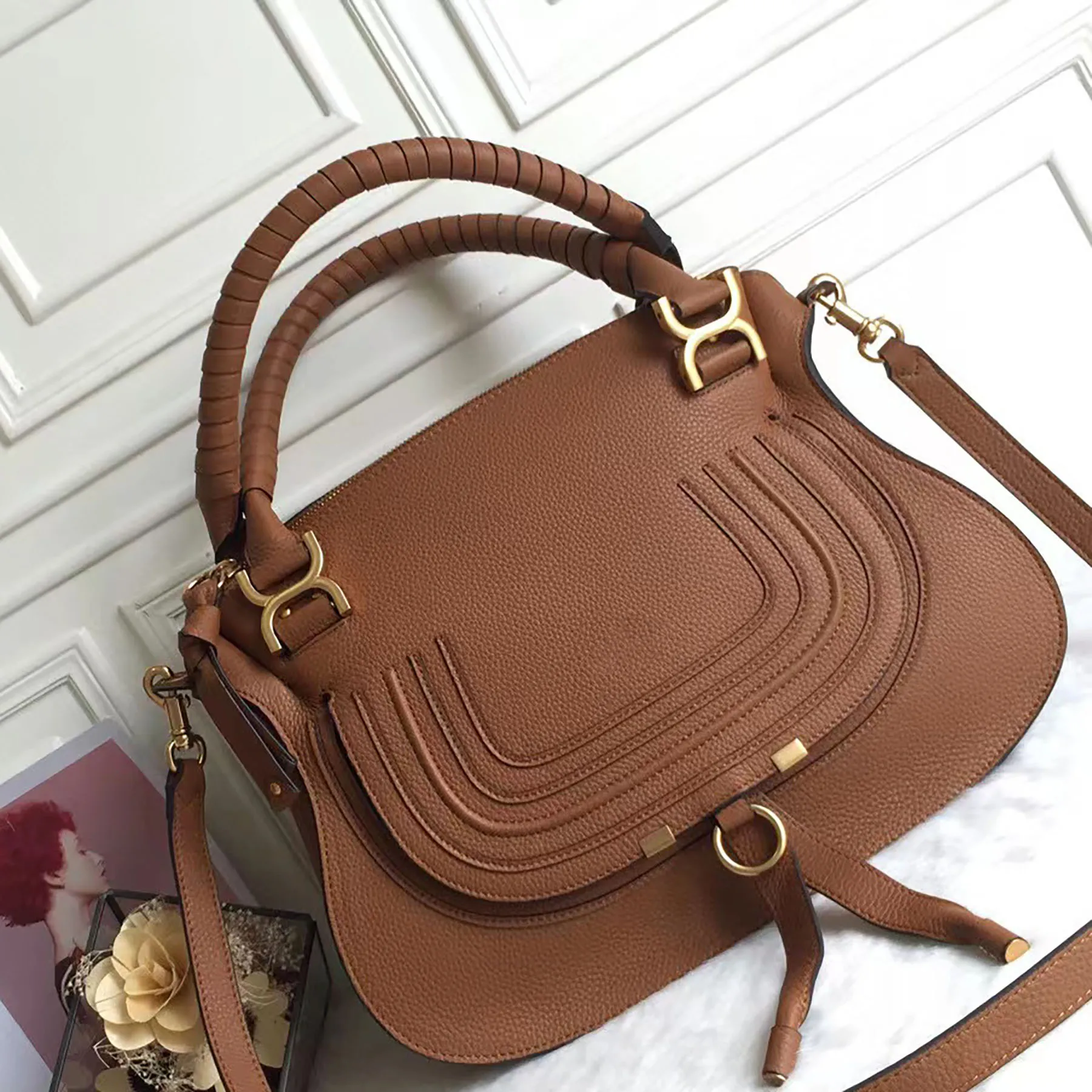 Marcie Small Double Carry Bag Saddle Stitches Grained Leather