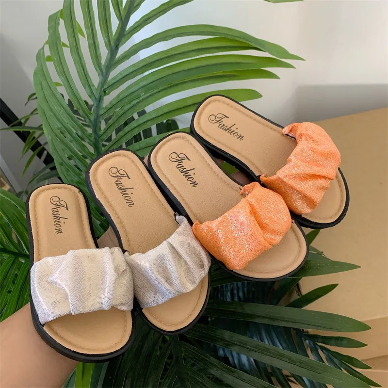 Slipper Summer Outdoor Beach Girls Shoes Children Anti-Slip Home Slippers Glitter Fabric Crinkle Sandals Kids Slippers CSH1344 230509