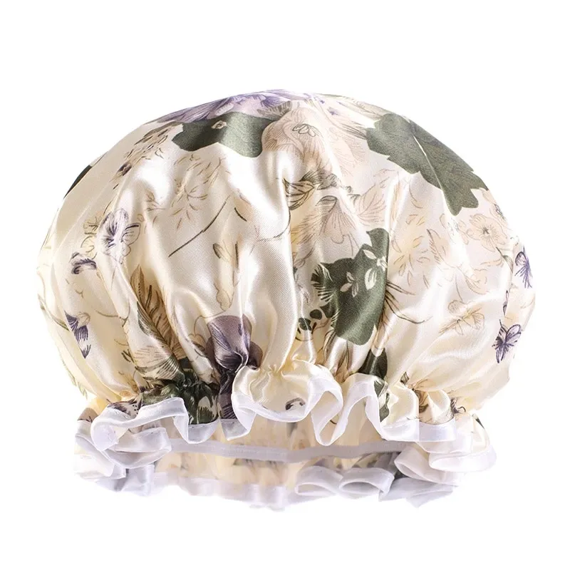 Nouveau bonnet de douche imperméable à l'eau Double couche couverture de cheveux Salon élastique épaissir chapeau pour femmes chapeau de bain Bonnet en Satin réutilisable
