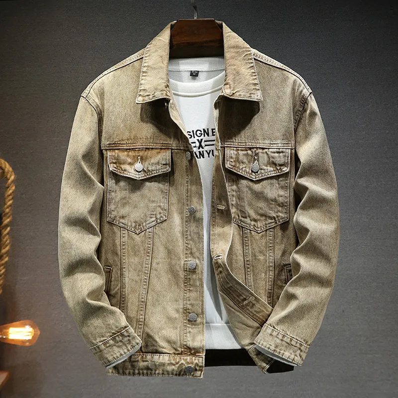 Mens Khaki Denim Jacket Autumn Casual Simple Fashion Baggy Retro