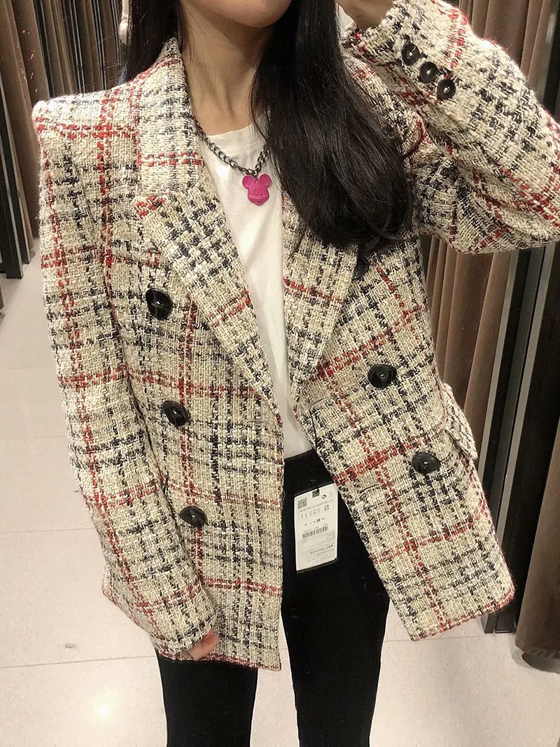Femmes R Wool Plaid Retter Down Colla Coat Double Breasted Color Block Tweed Casacos XSSML