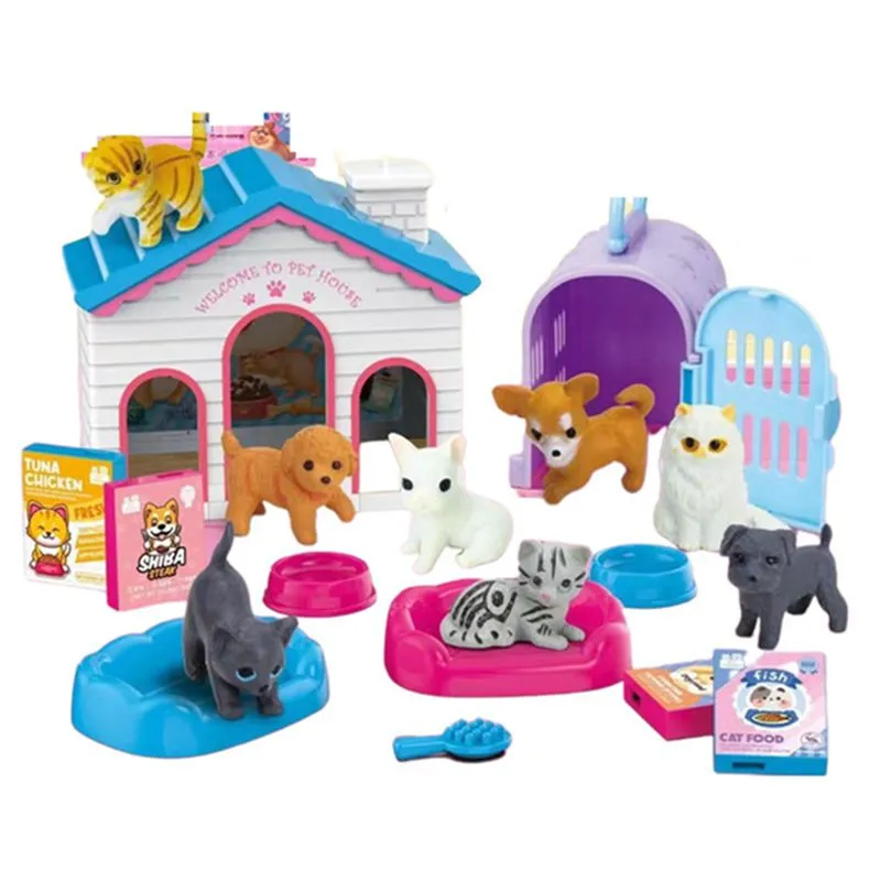 Kawaii artiklar barn leksaker miniatyr dollhus tillbehör husdjur djur katt hundar shop för barbie hus diy spel jul present gåva