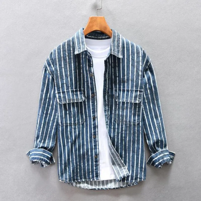 Herren Freizeithemden 2023 Custom Woven Striped Washed Used Denim Shirt Herren Arbeitsstil American Retro Trend Youth Tops W490