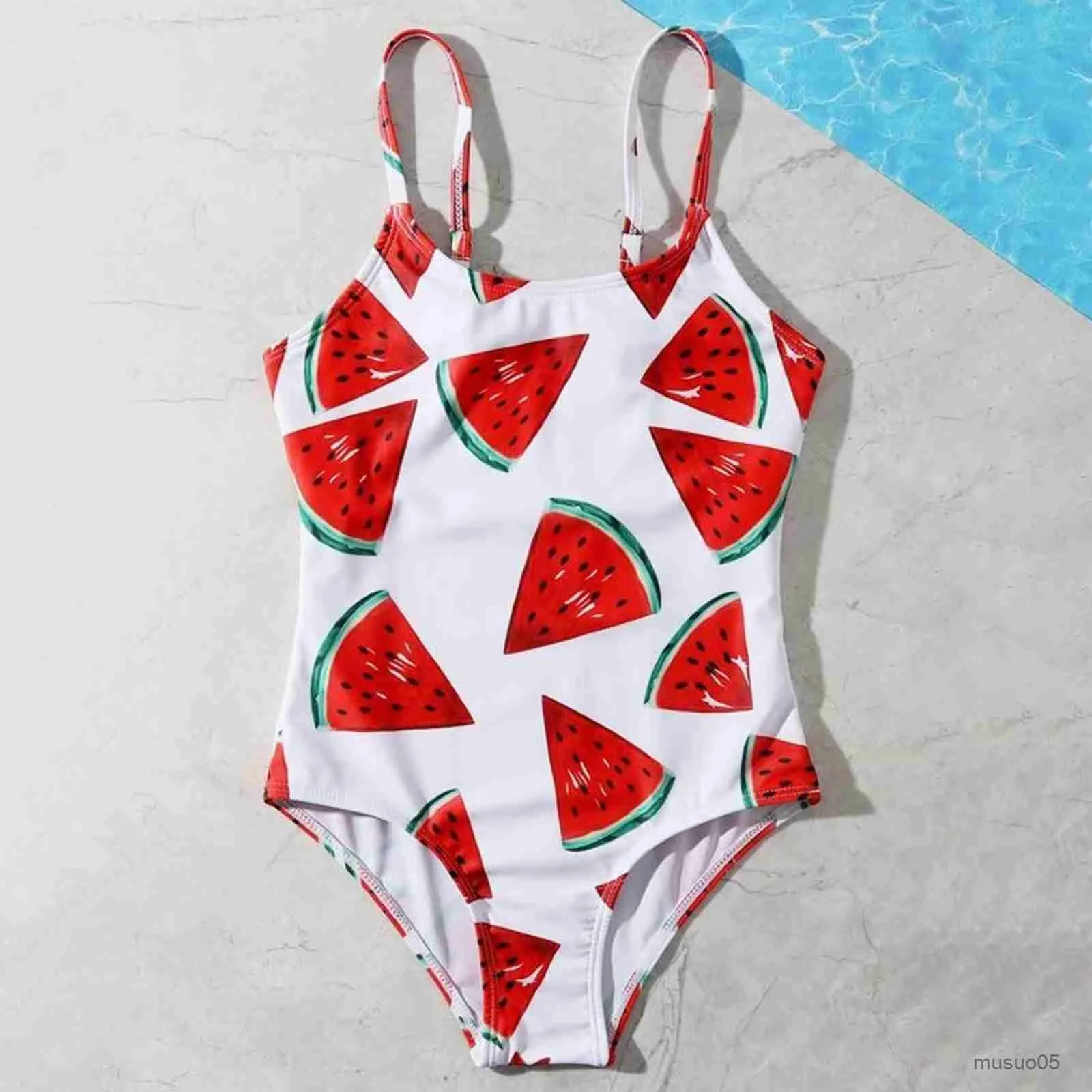 Two-Pieces Girls' Summer Swimwear Cute Crisscross Small Watermelon Printing One Piece Swimsuit Swimming Bathing Suit Monokini