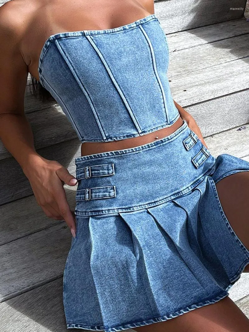 Robes de travail femmes bleu Denim 2 pieces jupe ensemble Sexy recadree sans bretelles bustier tubulaire et plisse court ete fete Club tenues