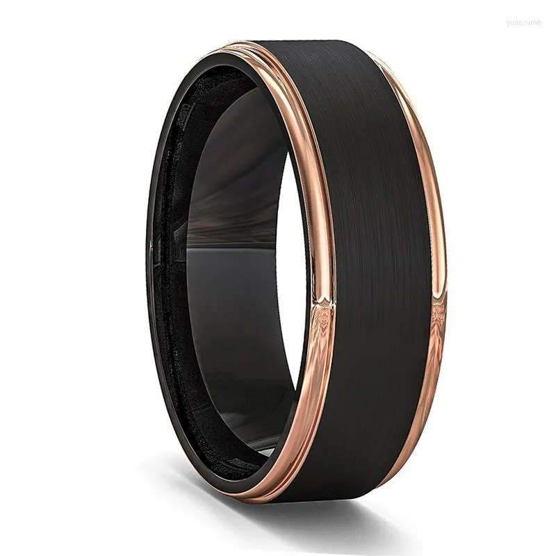 Wedding Rings Fashion 8mm Black Brushed Rose Gold Color Edge Titanium Stainless Steel For Men Women Band Jewelry Drop