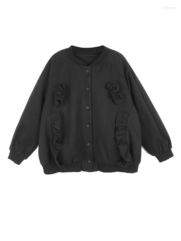 Women's Jackets Loose Fit Black Ruffles Big Size Jacket Stand Collar Long Sleeve Women Coat Fashion Tide Spring Autumn 2023 C367