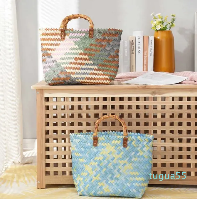 Designer-Vintage Bamboo Handle Rattan Women Handbags Wicker Woven Basket Bag handmade Summer Beach Straw Casual Small Tote Purses