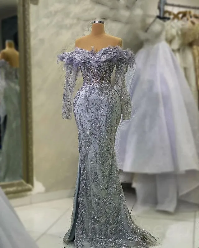 Aso Ebi 2023 Arabic Silver Mermaid Prom Dress Crystals Feather Beaded Evening Formal Party Second Reception Birthday Engagement Gowns Dresses Robe de Soiree SH0149