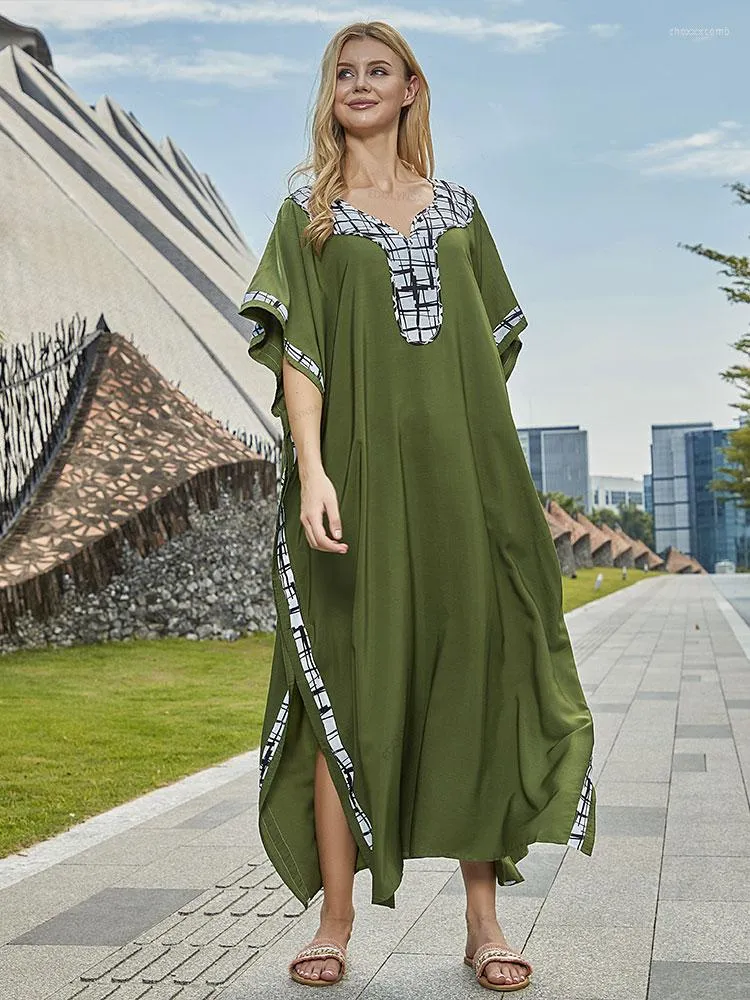 Moda de banho feminina edolynsa elegante e elegante bordado bordado longa kaftan size size feminino roupas de verão maxi vestido praia usa roupa de natação