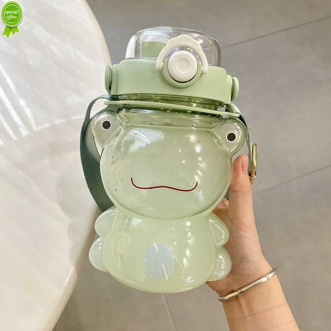 어린이 귀여운 개구리 곰 물병 휴대용 짚과 끈 더블 음료 플라스틱 빨대 컵을 곁들인 대형 투명 스포츠 물병