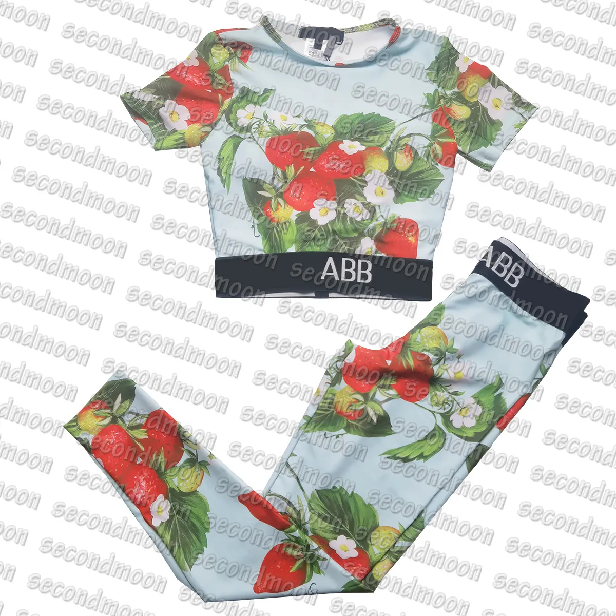 Women Short Sleeve Tracksuits Strawberry Print Sport Outfit Summer Quick Dry Tracksuit Yoga Outfit