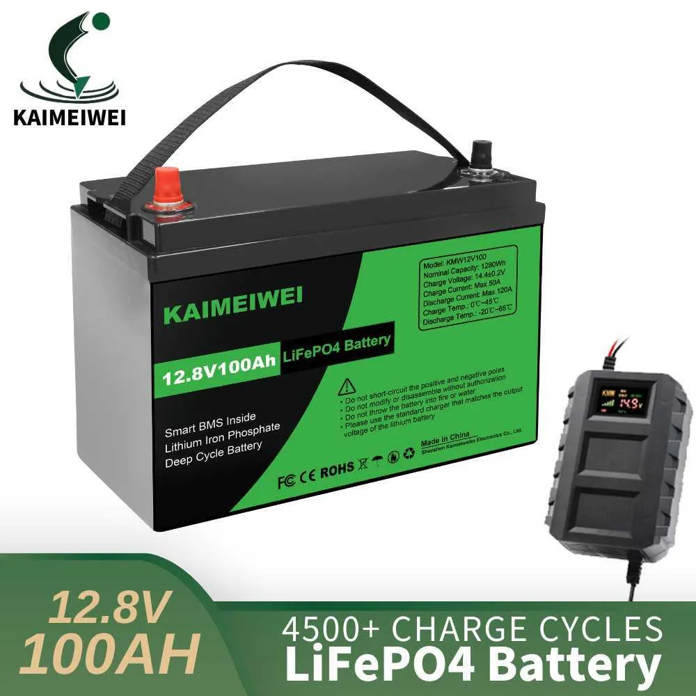 Batterie LiFePO4 12V 100Ah avec chargeur, batterie au Lithium fer Phosphate, BMS intégré pour système d'énergie solaire, camping-car, maison, Moto à la traîne