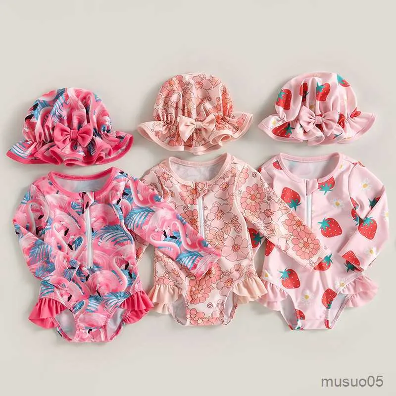 Deux pièces à manches longues mignon enfant en bas âge bébé filles maillots de bain maillots de bain éruption cutanée belle fraise imprimer maillot de bain chapeau de soleil ensemble