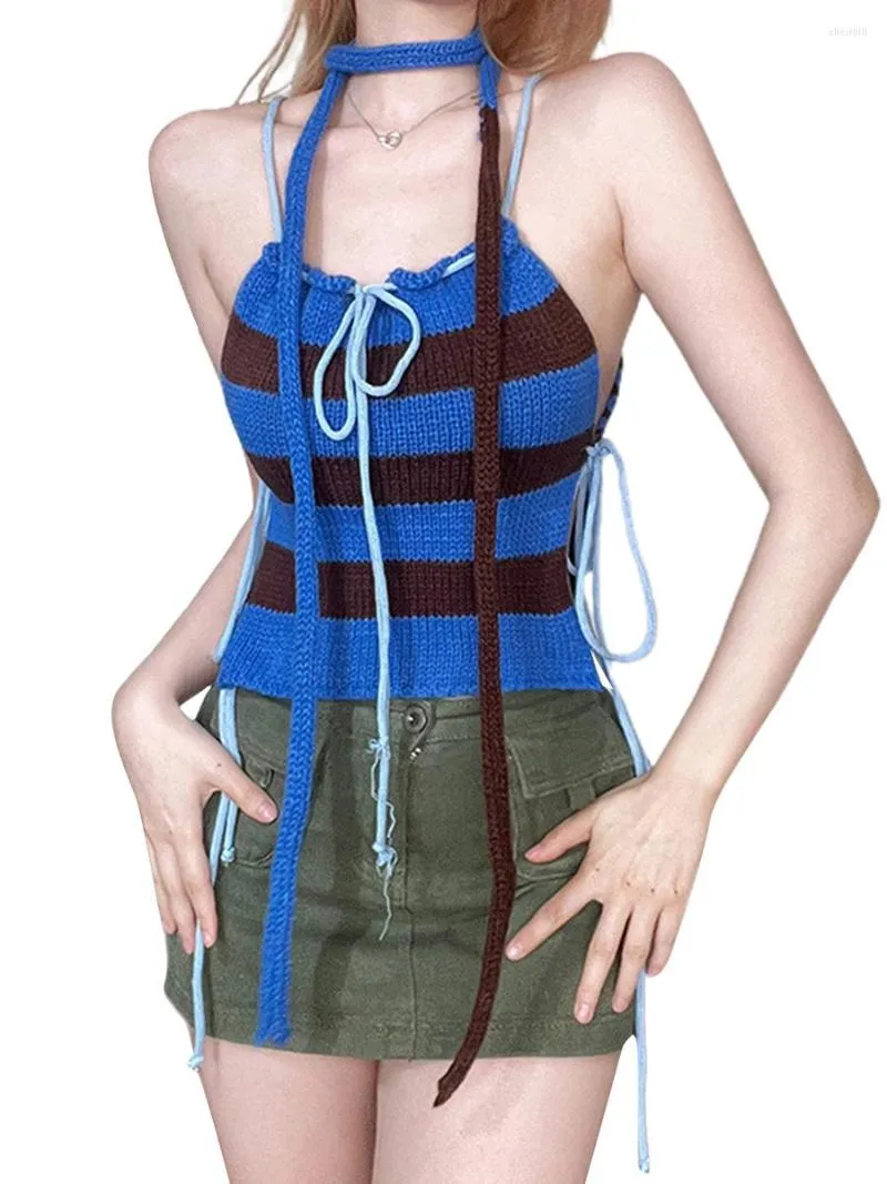 Camiseta sin mangas de punto para mujer camisola sin mangas con tirantes finos camiseta sin mangas ajustada Retro de Color contrastante a la moda