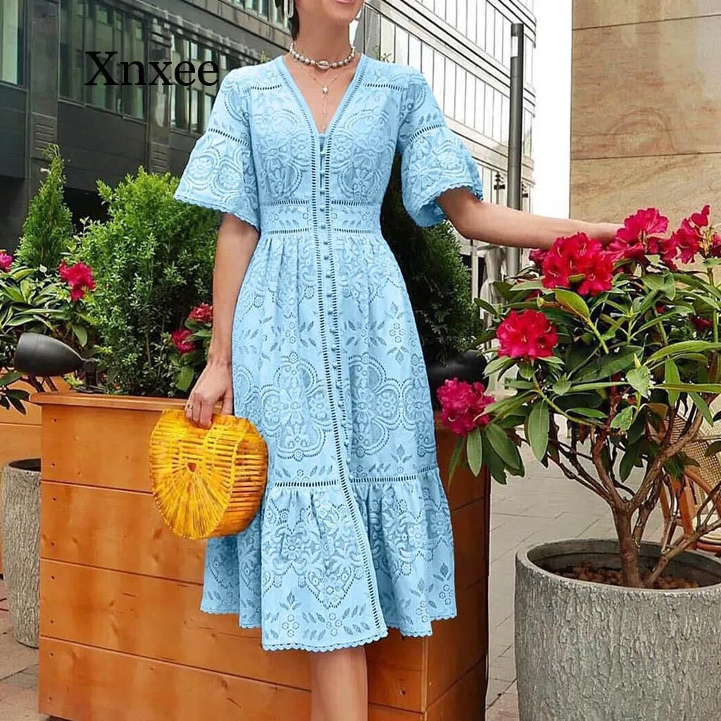 Spódnice Summer Fashion Women Vneck Shortsleeved Otwórz SingleRarded Ruffle Ruffle Lace Tape Long Dress Boho Elegant V Neck 230509