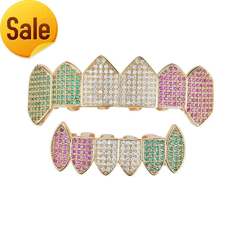 Hot Sale Hiphop Gold Teeth Grillz Top and Bottom Iced Out Grills Dental Mouth Punk Teeth Caps Cosplay Party Jewelry