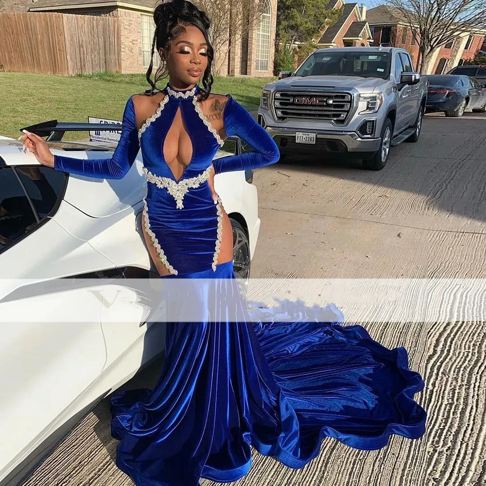 Sexy Royal Blue Veet Mermaid Evening Dresses Long Sleeves Beads High Neck Prom Gowns For Women African Gril Gala Party Wear 322