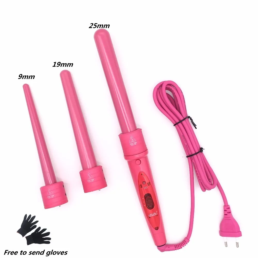 Anslutningar 3 DEL HÅR CURLING IRON MASHINE 3P CERAMIC CURLER SET 3 STORLES 9mm 19mm 25mm trollrulle med handskklipp 230509