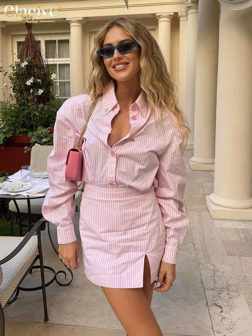 Robe Deux Pièces Clacive Fashion Pink Stripe Deux Pièces Ensembles Femmes Outifits Automne Sexy Chemises À Manches Longues Correspondant Taille Haute Mini Jupe Ensembles J230506