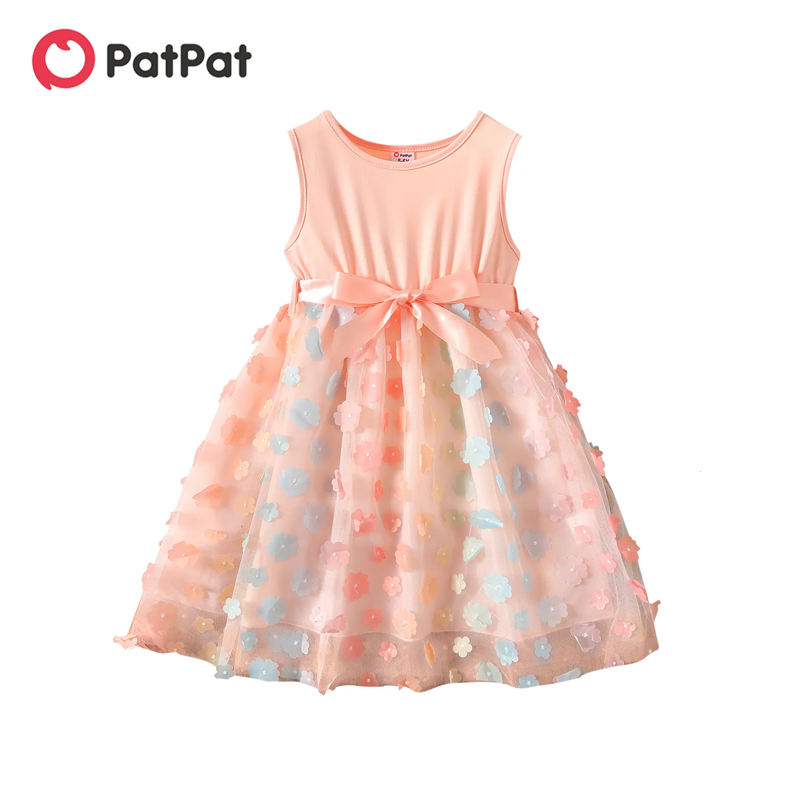 Robes de fille PatPat Kid Girl 3D Floral Design Mesh Splice Ceinture Robe sans manches 230508