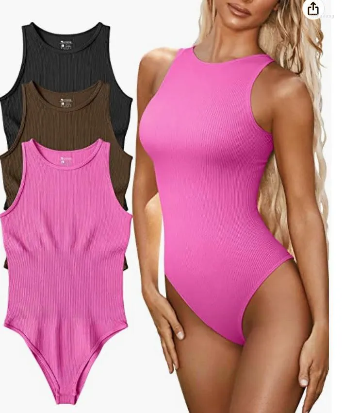 Maillots de bain pour femmes Sexy femmes dos nu Femme côtelé Body barboteuse String Femme O cou sans manches débardeur corps