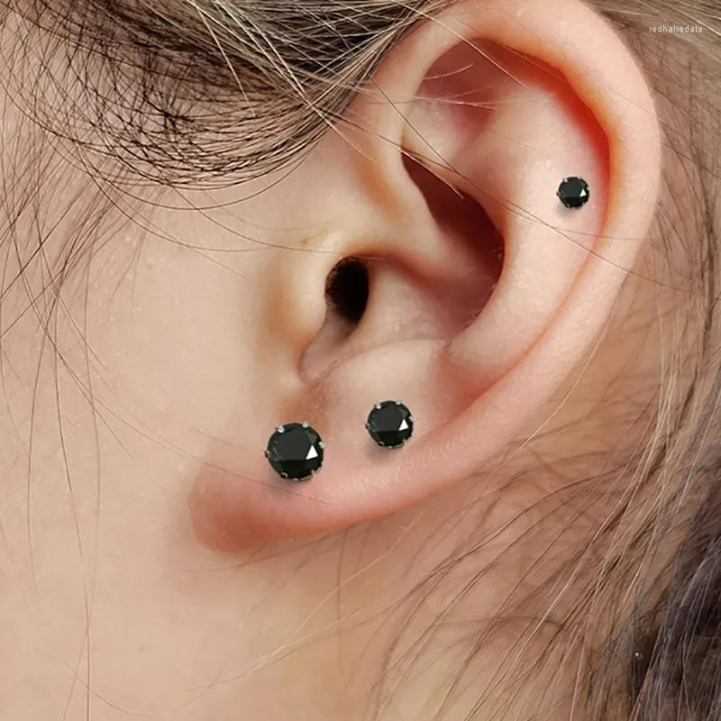 Orecchini a bottone in cristallo nero per le donne Classic Four Six Men Cartilagine Studs 3mm 8mm Zircon Piercing Ear Jewelry all'ingrosso