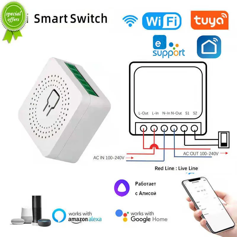 Новый Wi -Fi Mini Smart Switch 16A DIY Light Switches 2 WAILESS SMART HOME с Smart Life Ewelink Alexa Alice Google Home