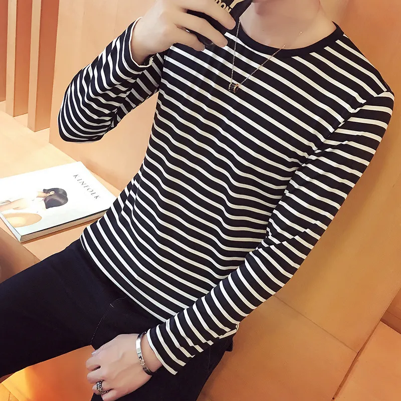 Men's T-Shirts Striped T-shirt Men Long Sleeve Shirt Trendy Black White Striped Tops for Men Harajuku Casual Base Shirt Invisible Undershirt 230509