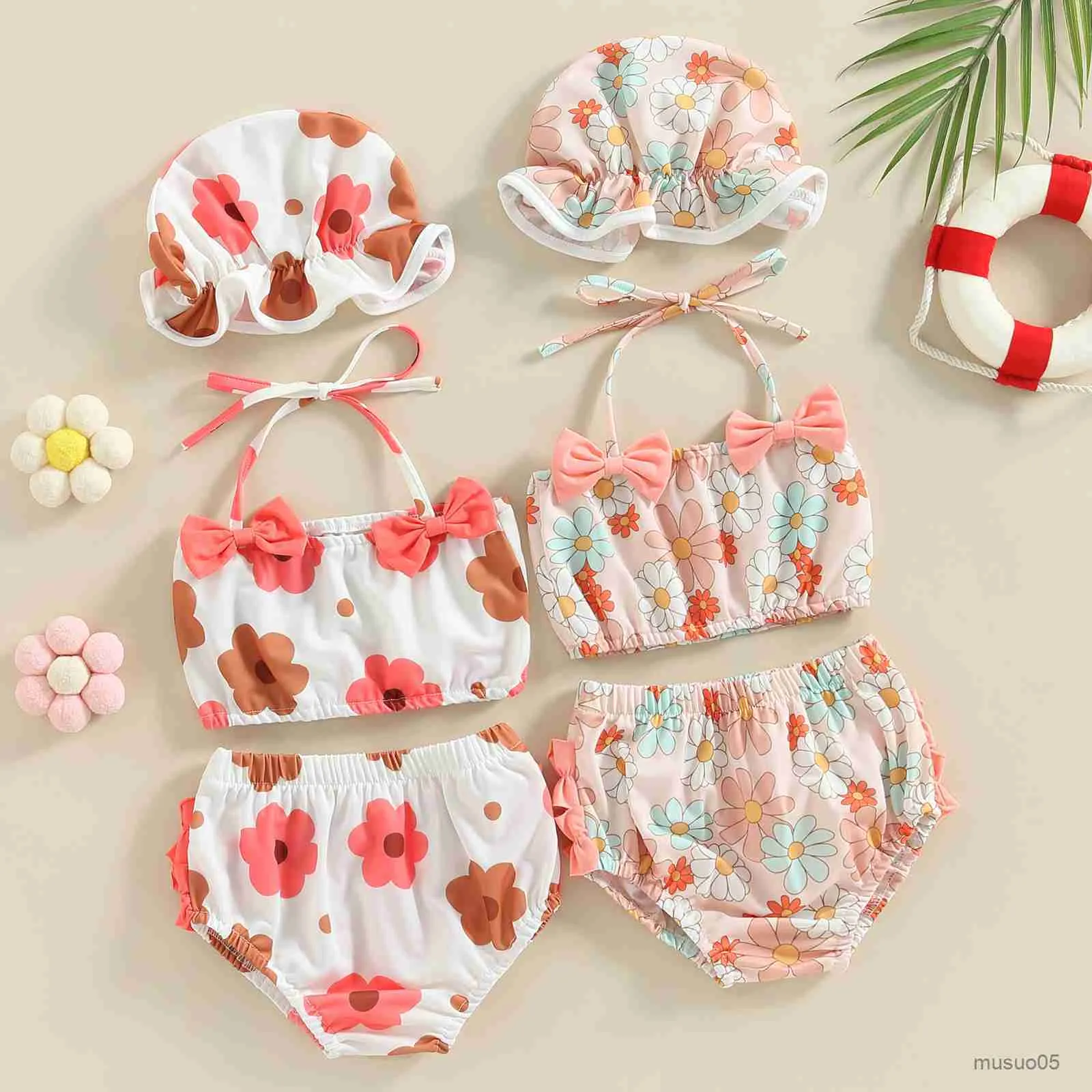 Maillot de bain deux pièces pour bébé fille, imprimé Floral, princesse, col licou, ensemble deux pièces, vêtements de plage avec bonnet de bain