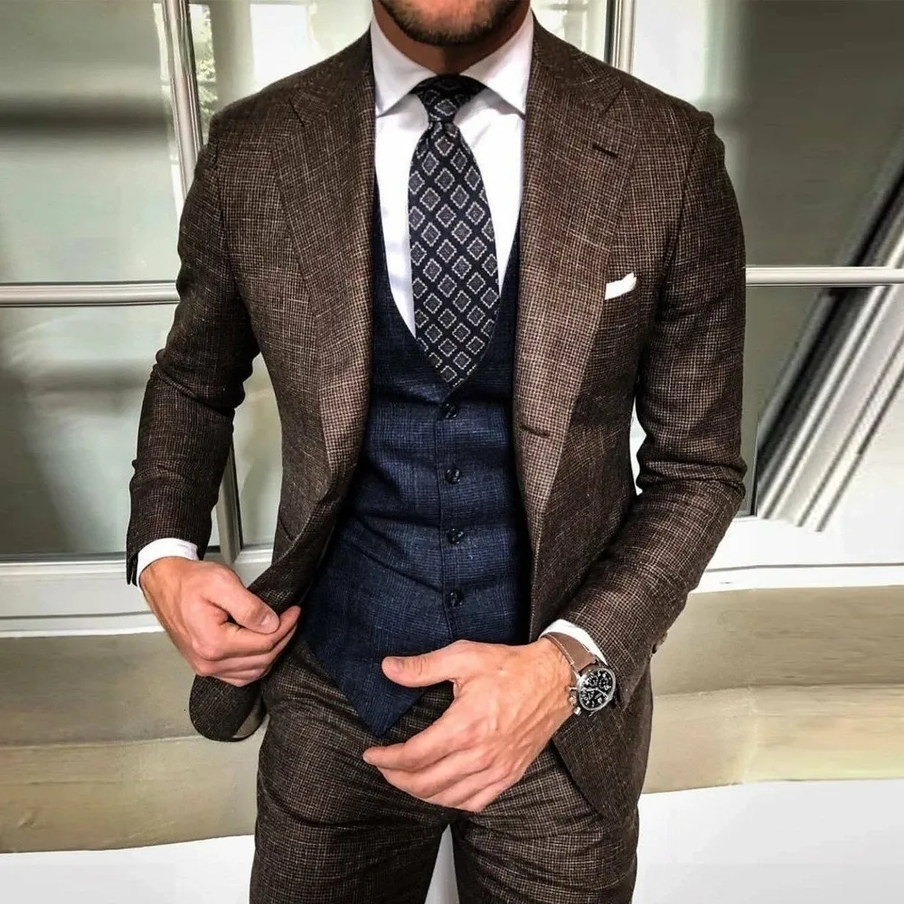 Ternos masculinos Blazers Tailore Business Suits masculino Brown Blazer Sets Work Formal Office Trabalho 3 Peças PROM PROM PARTEM MAN MAN TUXEDO DE CASAMENTO PLUS TAMANHO 230509