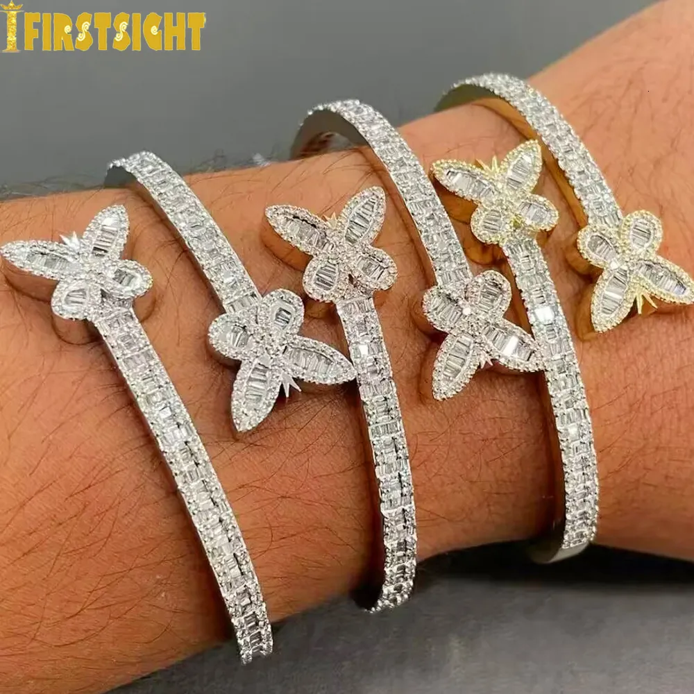 Chain Iced Out Bling Opened Butterfly Charm Bracelet Silver Color Zircon Insects Bangle For Men Women Hiphop Luxury Jewelry 230508