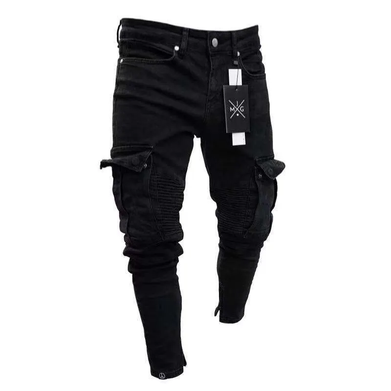 Jeans pour hommes Hommes Stretch Noir Grandes poches latérales Cargo Mode Zipper Petit pied Denim Pantalon Élastique Jogging Pantalon Streetwear 230509