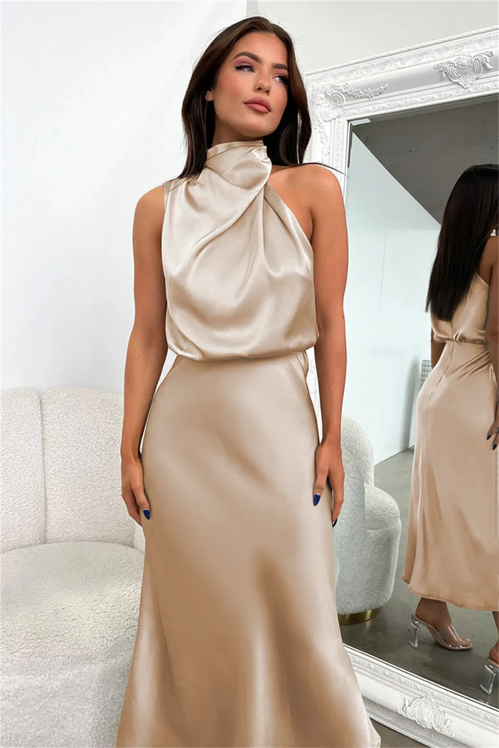 2023 spring and summer hot selling new senior sense satin sleeveless dress Europe and the United States fashion elegant ladies light evening dress