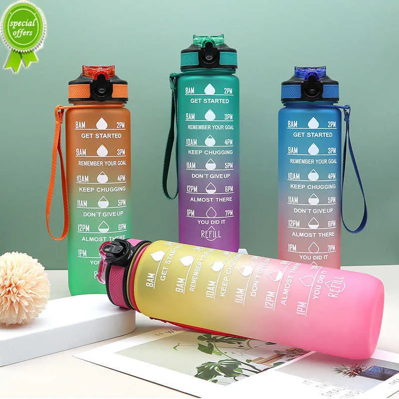 1 Liter Water Bottle With Time Scale fitness Outdoor Sports Water bottles with straw Frosted Leakproof Motivational Sport Cup 1L