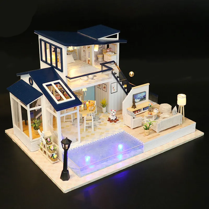 Party Games Crafts Big Dollhouse Diy Miniature Kit Roombox Villa med WWIMMING POOL 3D TRÄDEL Byggnadsdocka husmöbler leksaker födda gåvor 230508