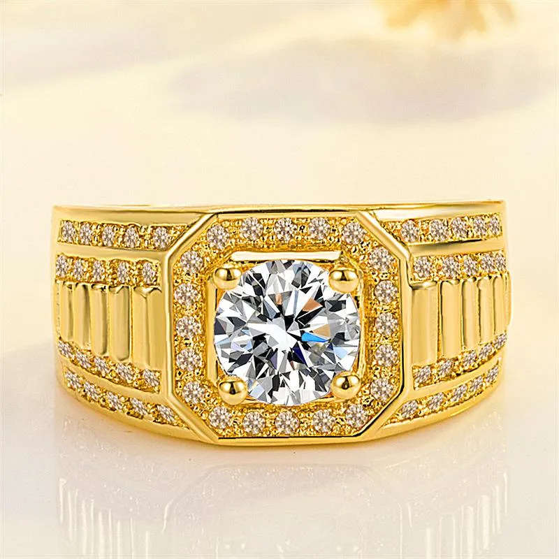 Cluster Ringe Schmuck Herren 14 Karat Gelbgold plattiert Quadratschliff Zirkonia Achteck Ring 10 Karat Solid Nugget Diamond Mens