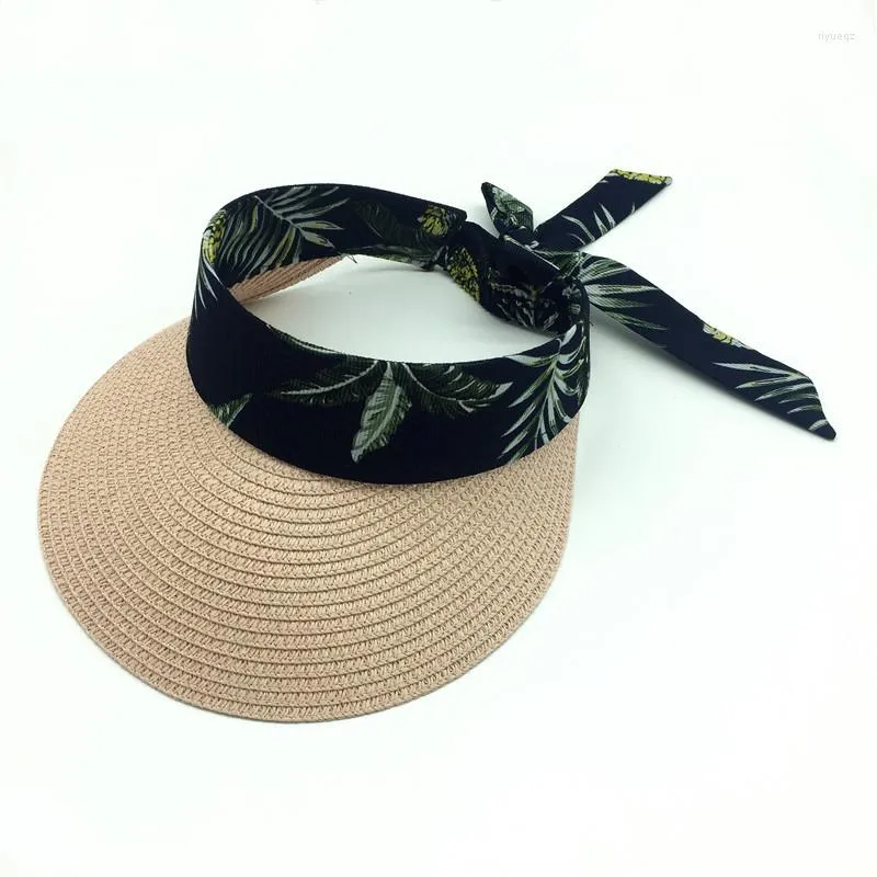 Chapeaux à large bord femmes été rose blanc naturel paille visière chapeau filles bande élastique soleil protéger plage imprimé fleuri