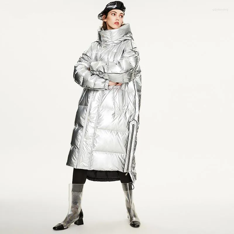 Women's Down Laser Silver Jacket Women's Hooded Warm Coat Winter Solid Orized Long Female Feather Parka Street Style
