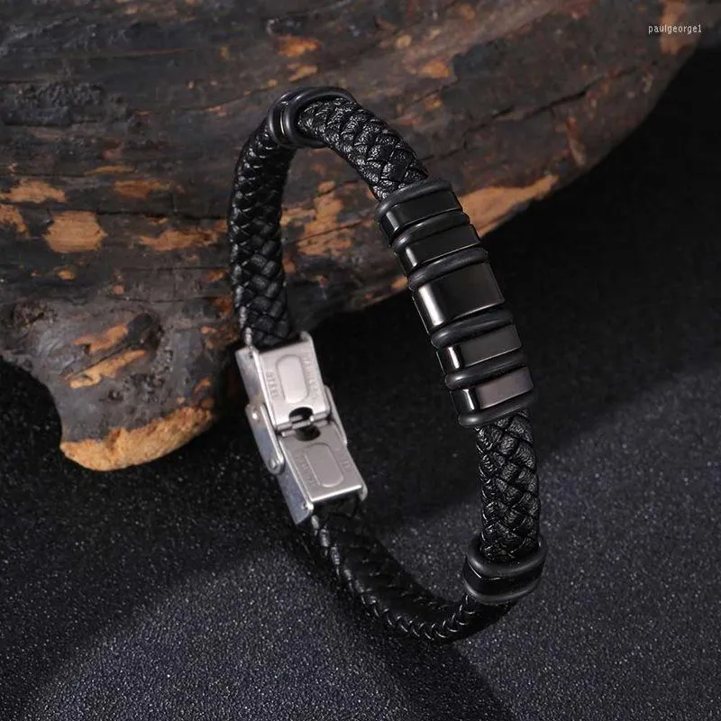 Bracelets porte-bonheur marque à la mode noir tressé en cuir hommes Bracelet en acier inoxydable boucle Rock Hip Hop Bracelet mâle bijoux accessoires cadeau