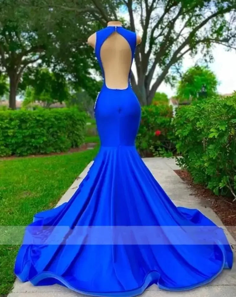 Royal Blue Sheer Crew Neck Long Mermaid Prom Dresses Black Girls 2023 Appliques Birthday Party Backless Evening Gowns Robe De Bal 0207