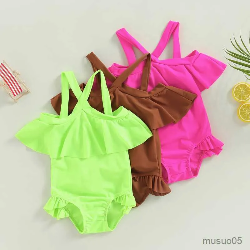 Two-Pieces Toddler Baby Girls Bodysuit Swimsuit Cute Off Shoulder Sleeveless Ruffle Bathing Suit Infant Girl Summer Beach Swimwear