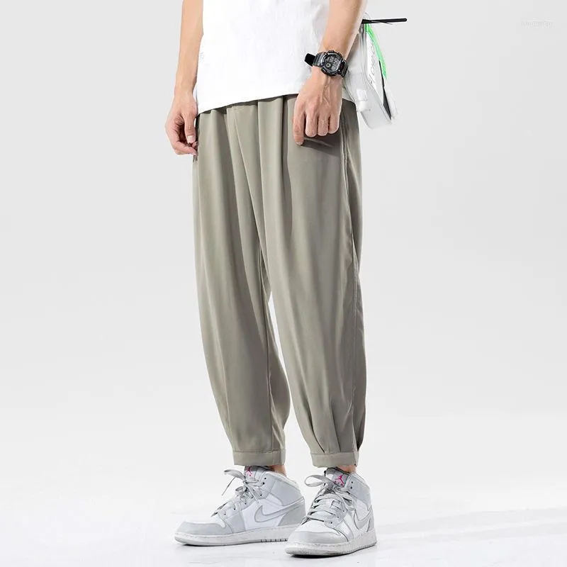 Men's Pants Oversized Ice Silk Harem Men Summer Solid Color Loose Straight Korean Elastic Waist Strap Casual Japanese Streetwear