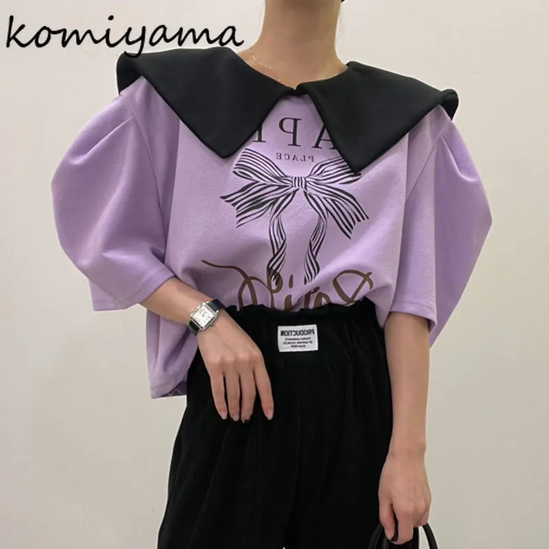 Camiseta para mujer Komiyama Hit Color Lager Lapel Y2k Ropa Puff Tops de manga corta Mujer Camiseta de verano Sweet Bow Letter Print Tees 230509