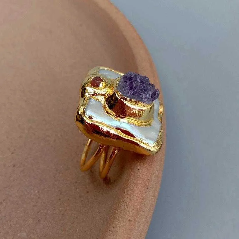 Bandringar Yygem Natural Purple Amethyst Druzy Freshwater Cultured White Square Pearl Ring Justerbar Z0509