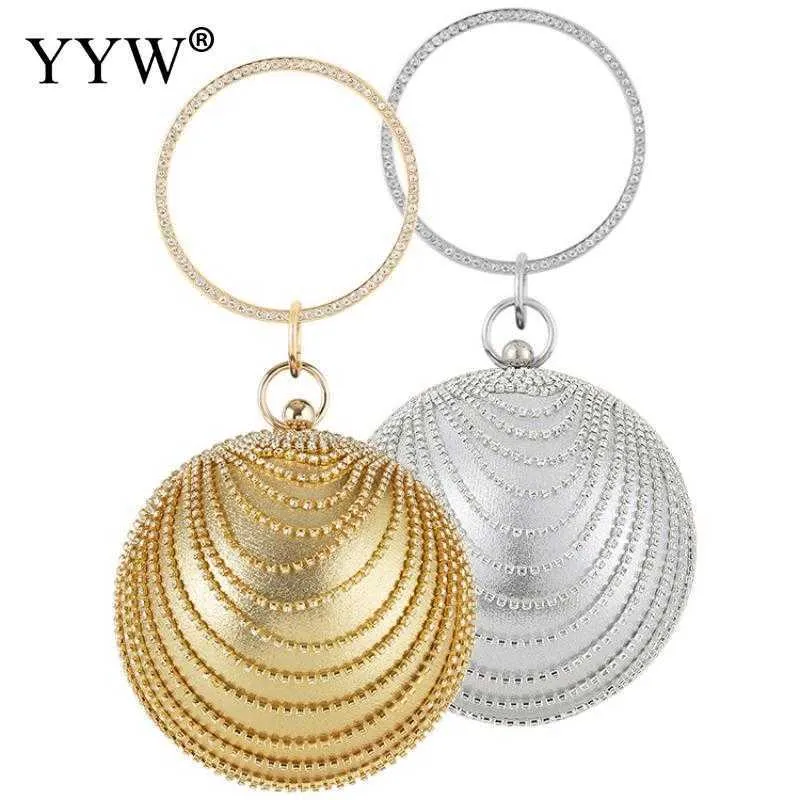 Evening Bags Circular Ring Metal Gold/sliver Rhinestone Round Ball Handbags Elegant Luxury Clutch Purse Small Wedding Wallets 230427