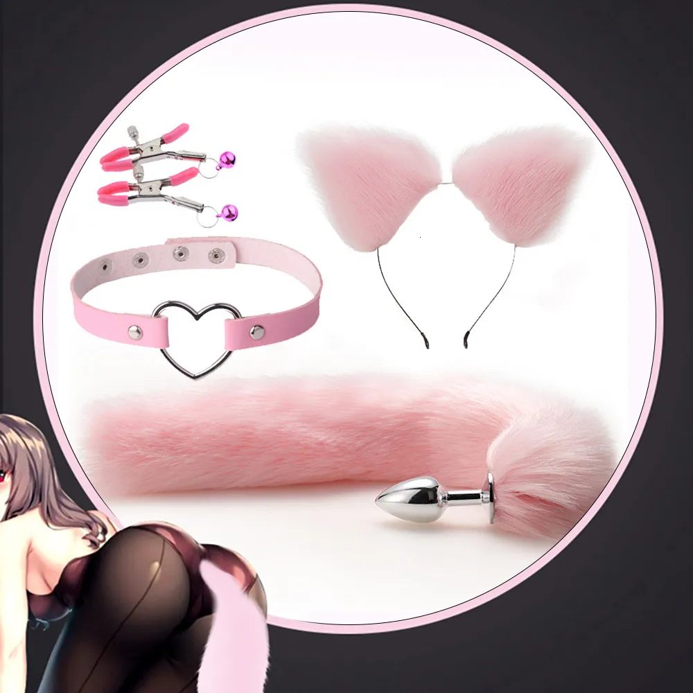 Anal Toys Cute Tail Anal Plug Cat Ears Headbands Set Adult Games Nipple Clip Neck Collar Erotic Cosplay Sex Toys for Women Couple BDSM 230508