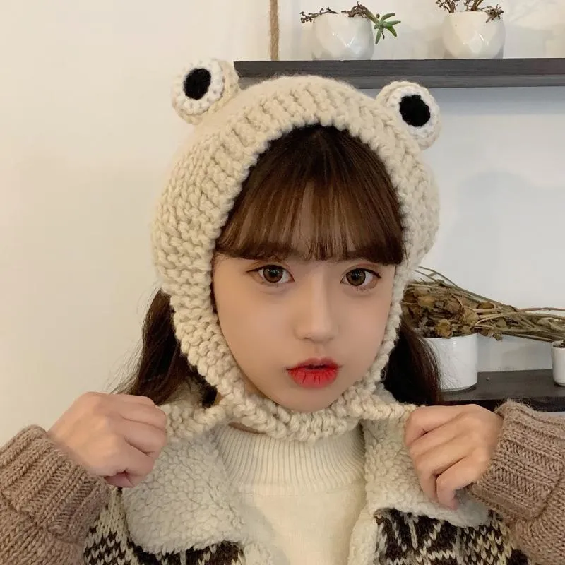 Beanies Beanie/Skull Caps 2023女性のためのカワイイカエル帽子帽子かわいいニットレースアップ漫画の目バギースカリーチャポーフェム