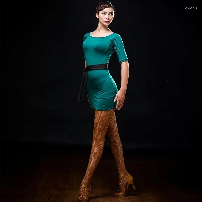 Stage Wear 2023 Latin Salsa Tango Rumba Cha Dance Dress Vert Vêtements Femmes O-Neck Slim Costumes